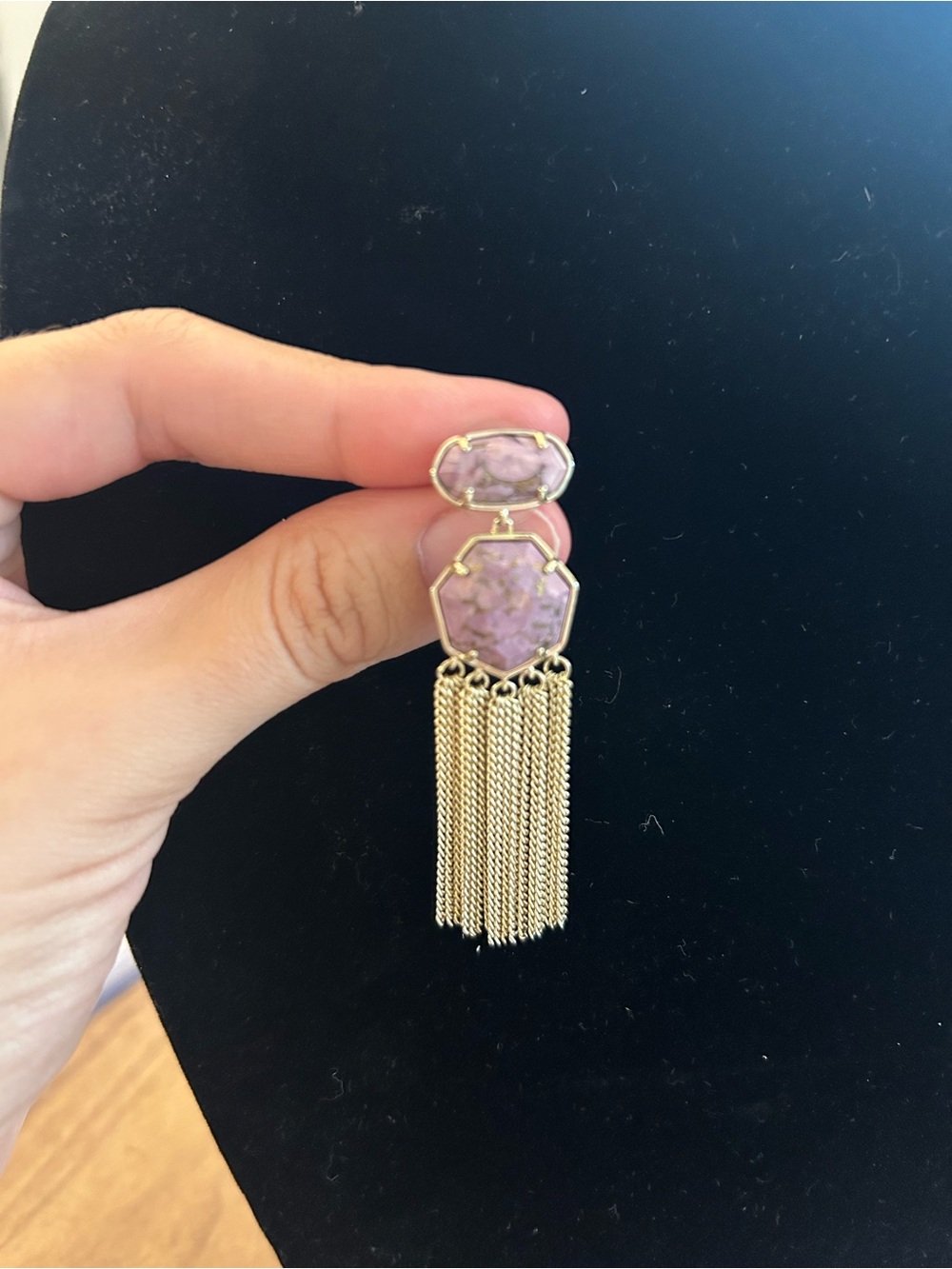Gold Tassel Drop Earrings with Lavender Stone